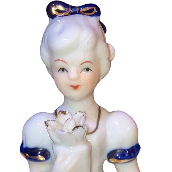 Girl Figurine Blue White Dress Gold Colored Accents - Picture 2 of 15